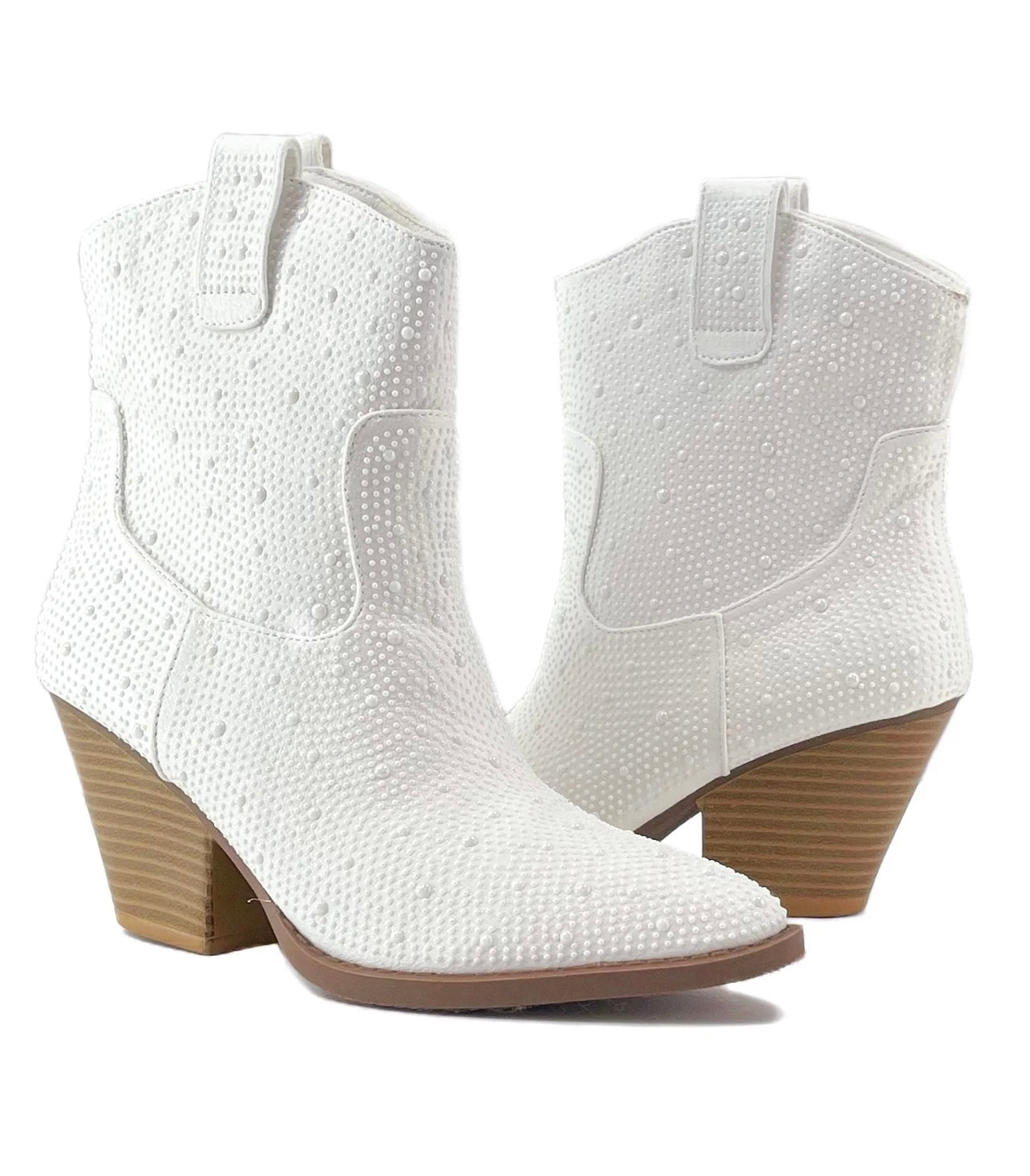 Katie Pearl Studded White Cowgirl Booties