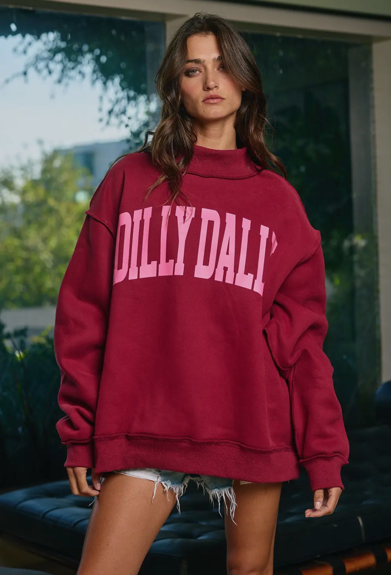 Dilly Dally Embroidered Mock Neck Sweatshirt