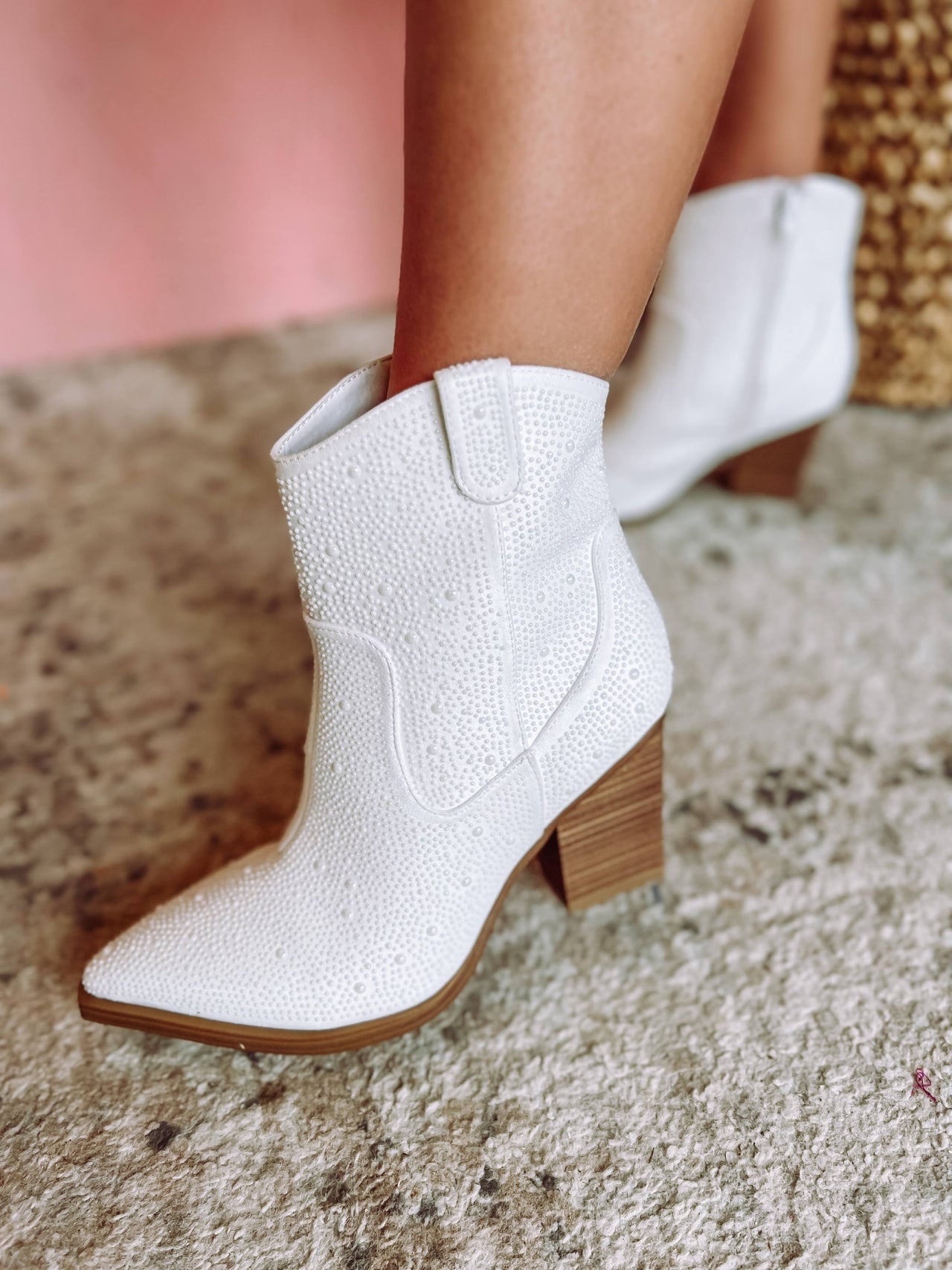 Katie Pearl Studded White Cowgirl Booties